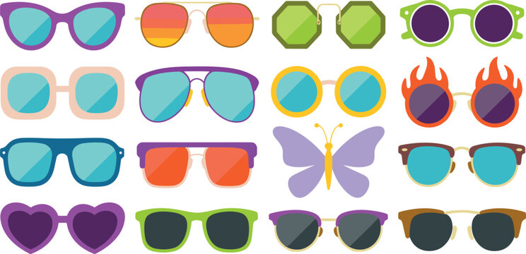 Colorful Sunglasses Vector Icon Set with Trendy Eyewear Shapes for Summer Travel, Beach Fashion, Party Stickers, Festival Graphics, and Youth Apparel Accessory Designs