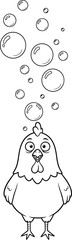 Fototapeta premium Cute Cartoon Chicken with Floating Soap Bubbles, Black and White Line Art Illustration for Kids Coloring Book, Farm Animal Educational Activity 