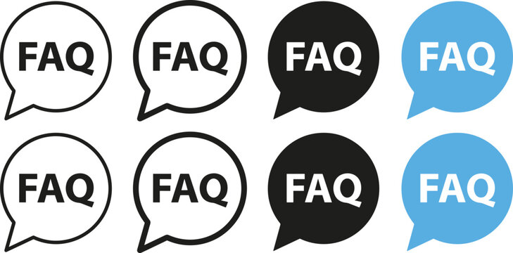 FAQ speech bubble icon set showing outline, filled, and colored versions with text for help, support, and information concept flat vector illustration