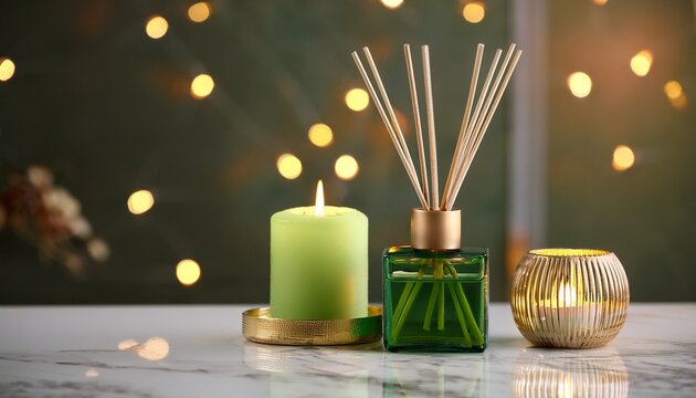 luxury green reed diffuser and candle on marble table with gold decor warm lamp glow and elegant home fragrance mood for cozy living
