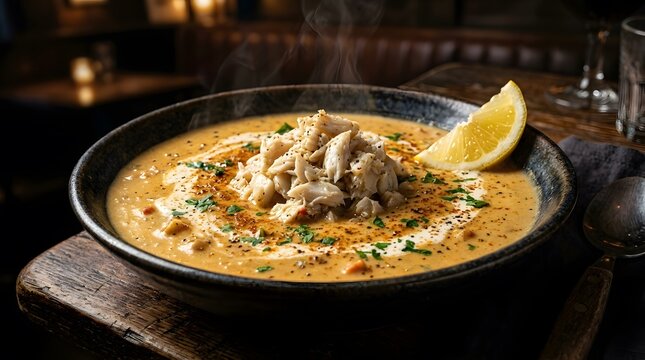 Bowl of creamy crab bisque, gourmet seafood soup served with fresh lemon and herbs, perfect for Crab Soup Day
