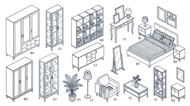 Detailed isometric line art of various home furniture pieces for interior design.
