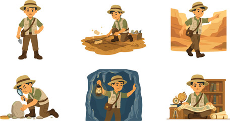 Cute archaeologist boy character vector set featuring little explorer digging for fossils, exploring caves, examining rocks, and reading maps for adventure designs © Md. Al-Amin