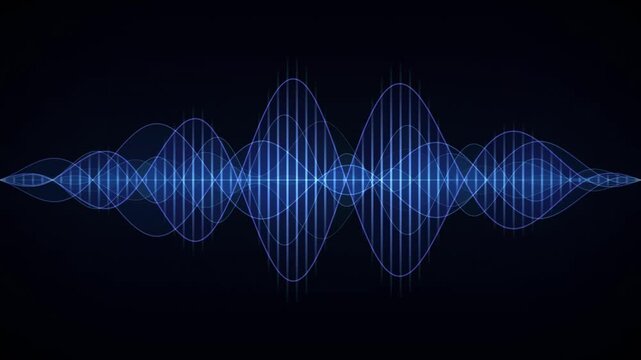 Blue waveform illustration. Represents sound, vibration, frequency, energy. Digital design, abstract concept, technology background.