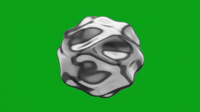 Metallic morphing orb animation a continuously moving liquid silver floating against a solid green screen backdrop