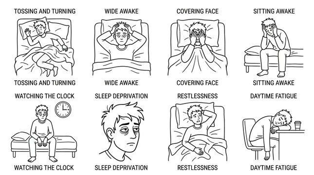 Insomnia and sleep deprivation symptoms outlined in a comprehensive infographic.