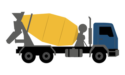 Fototapeta premium Side view silhouette of a minimalist industrial concrete mixer truck with clean geometric shapes on a white background. Construction and machinery concept