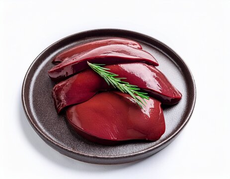 fresh raw beef liver slices with rosemary garnish glossy red meat organ food ingredient culinary protein nutrition isolated on a white background