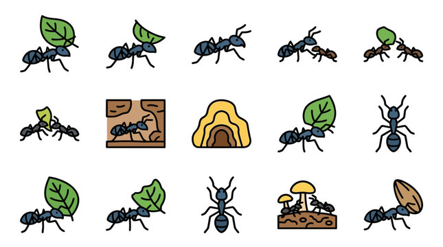 Ants working together, carrying leaves and food, ant hill icons