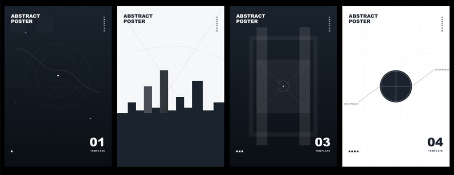 Set of abstract posters with technical blueprint style, geometric lines, circles, and city skyline silhouettes, modern minimalist design templates