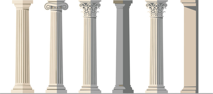 Ancient Greek and Roman architectural columns vector icon set with classical Doric Ionic Tuscan and Corinthian marble pillars for historic building designs
