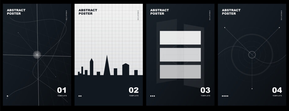 Set of abstract posters with technical grid lines, city skylines, and geometric shapes, modern minimalist design templates for professional use