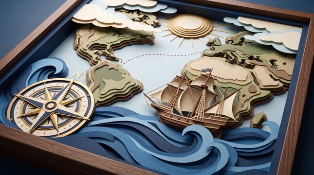 Paper cut style world map with sailing ship and compass