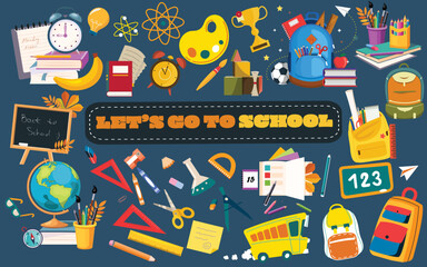 Naklejka premium Back to School Education Supplies Flat Vector Illustration Collection