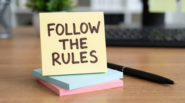 Follow the Rules message on yellow sticky note, compliance and regulation concept, office desk with business stationery and blurred background