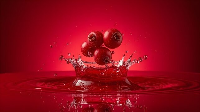 Fresh red cranberries splashing into crimson juice pool creating a dynamic splash crown