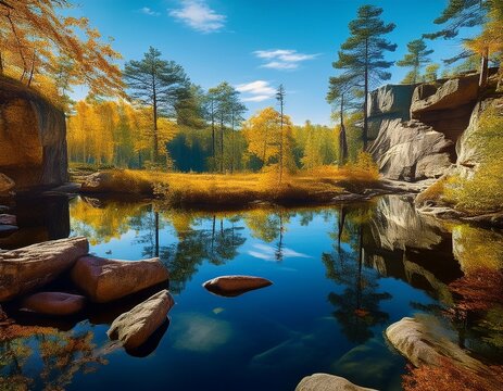serene forest view with blue sky reflection in calm water among rocks and trees area of ancient stone art in zalavruga russia