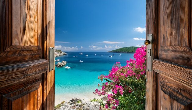 a wooden door reveals a stunning beach view in sa tuna with flowers and sparkling azure sea
