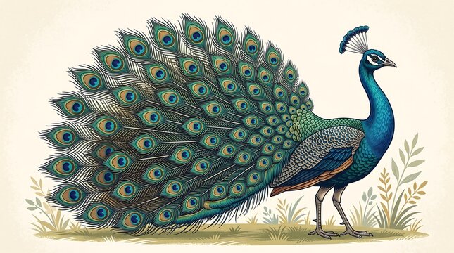 Vintage peacock illustration with open tail feathers, antique bird drawing on cream background, elegant peacock art for home decor and stationery