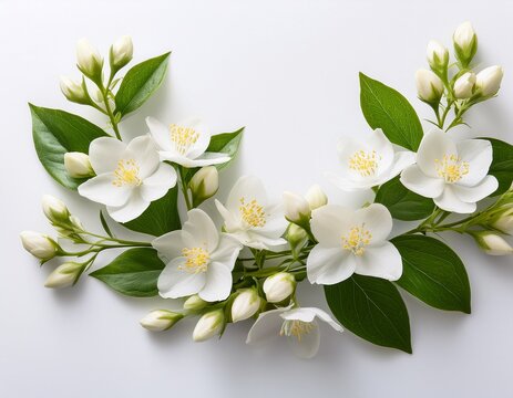 elegant branch of blooming white jasmine flowers with small green buds and floating petals arranged in a curved border isolated on a white background