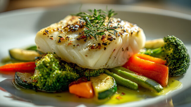 Grilled cod fish with steamed vegetables, bright natural lighting