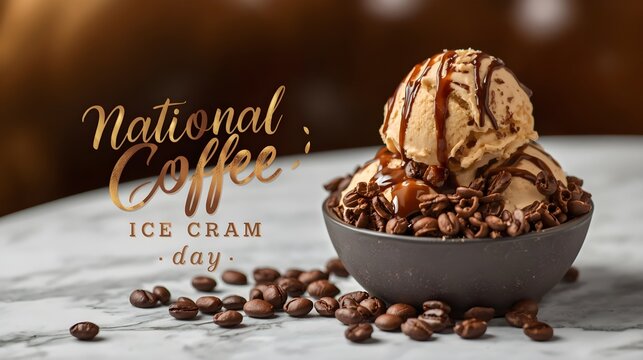 Coffee ice cream bowl with caramel syrup and roasted beans on marble surface