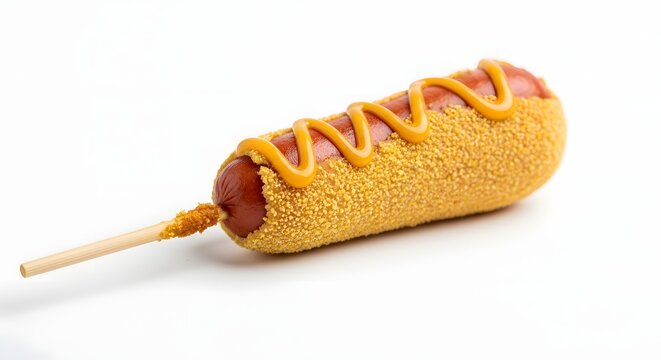 Corn Dog with Mustard Drizzle on White Background Isolated