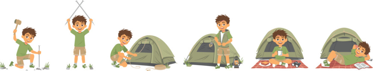 Boy character setting up tent step by step vector icon set for youth scouting outdoor camping hiking guides and summer adventure designs © Md. Al-Amin