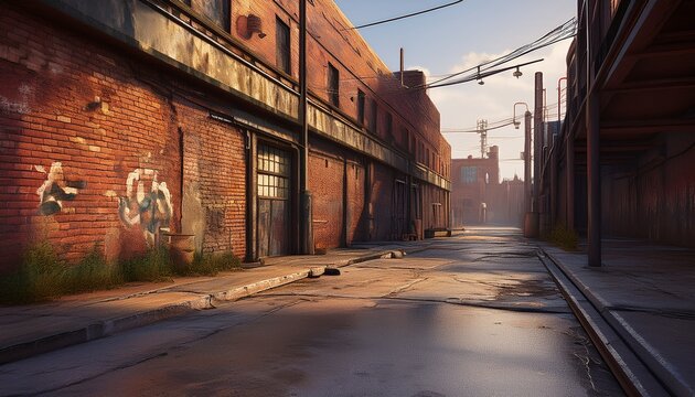 a deserted industrial city street with a weathered warehouse brick wall and gritty textures showcasing an authentic grunge urban backdrop