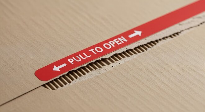 Corrugated cardboard box opening strip with red text and arrows during daylight