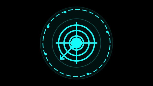 Futuristic cyan radar screen HUD interface looping element with scanning sonar target grid line animation on black background high tech display