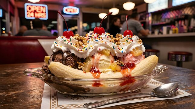 Banana split sundae in a retro diner, classic american dessert with ice cream and cherries, perfect for National Banana Split Day