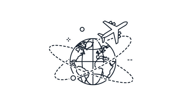 Minimalist line art illustration of a globe with an airplane flying around it, representing global travel and tourism.