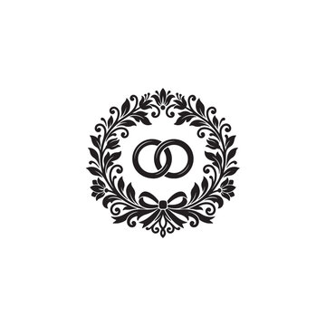 Elegant Wedding Rings Floral Wreath Silhouette Vector