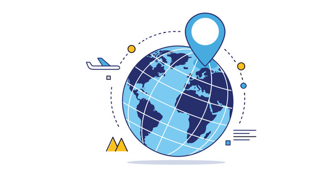 Colorful global travel icon featuring earth globe, location marker, flying airplane, and scenic mountains.