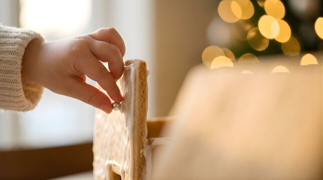 Child decorating a gingerbread house with candy for Christmas at home