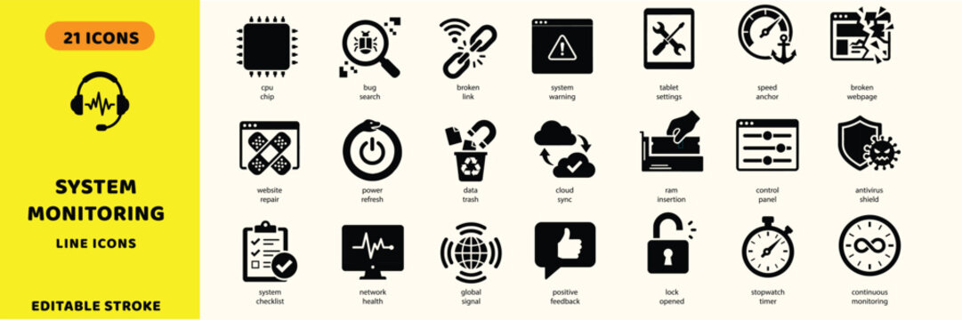System monitoring vector icons. Computer maintenance tech support vector signs set. CPU chip icon. Network health icon.