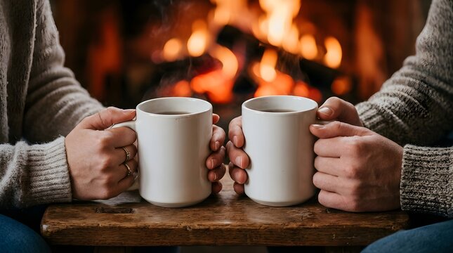 Couple holding warm mugs with hot beverage by cozy fireplace at home