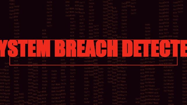 System breach detected alert warning red text on digital cyber security animation 4k background