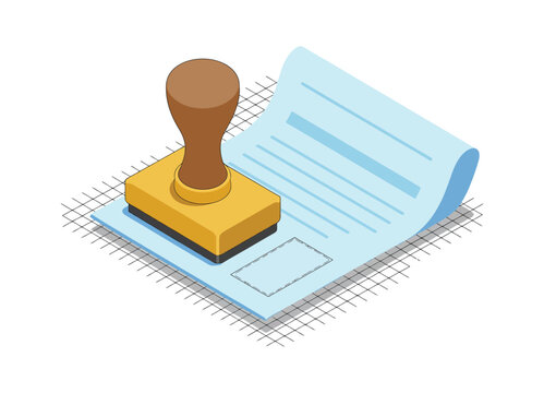 Legal Documents and Stamp Isometric Illustration, Professional Vector Design Featuring Contracts, Official Seals, Certificates, Law Papers, Business Agreements, Legal Services.