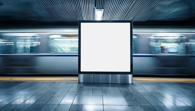 blank advertising billboard in a subway station with moving trains and modern design