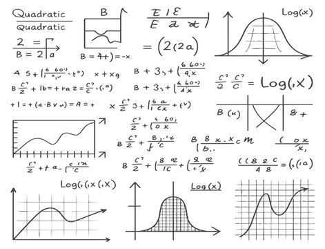 Hand Drawn Mathematical Formulas and Functions Collection, Algebra Equations, Statistics Graphs, Logarithmic Curves, and Calculus Doodle Vector