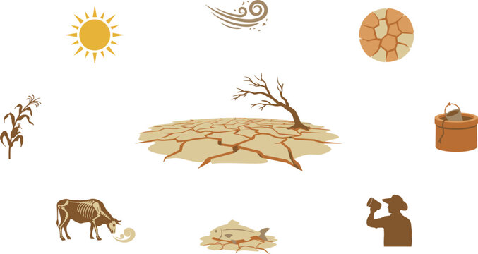 Drought and global warming climate crisis icon set with cracked earth, dead tree, parched soil, and water scarcity symbols for ecological awareness designs