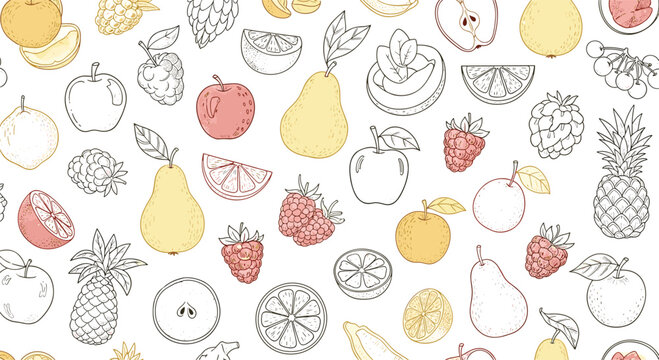 Seamless pattern wallpaper of various beautiful hand drawn and partially colored fresh fruits on white background.