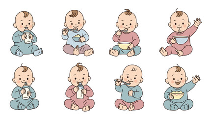 Naklejka premium Cute baby development milestone illustrations showing baby eating, drinking from a bottle, and waving in vector style.