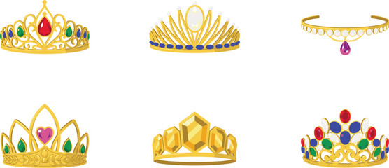 Golden crown and tiara royal vector illustration set with luxury princess headbands, diamonds, rubies, emeralds, and sapphires for queen accessory designs © Mst