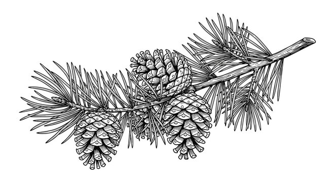 Vintage hand drawn botanical engraving sketch of a pine tree branch with needles and detailed pine cones.