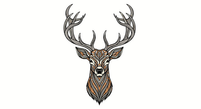 Stunning symmetrical illustration of a deer head with intricate decorative patterns on its face and antlers.