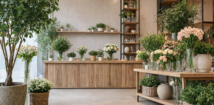 Rustic flower shop interior featuring wooden shelves filled with decorative vases and fresh floral arrangements arrangement interior botanical business blooming lifestyle workspace