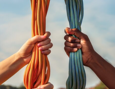 close up view of multiple hands holding vibrant colorful ropes in sunlight symbolizing unity